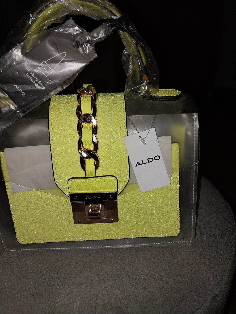 ALDO Neon Yellow Clear Tote with Gold Chain Accent